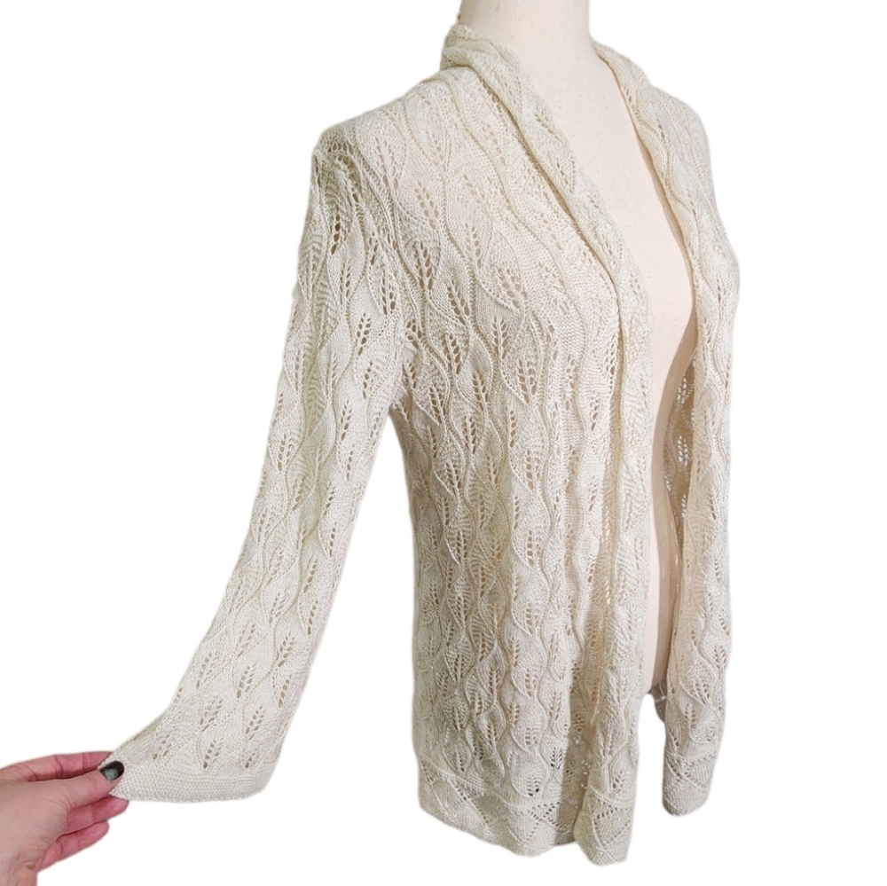 JM Collection Boho Pointelle Open Front Scalloped Hem Cardigan Sweater S *NEW*
